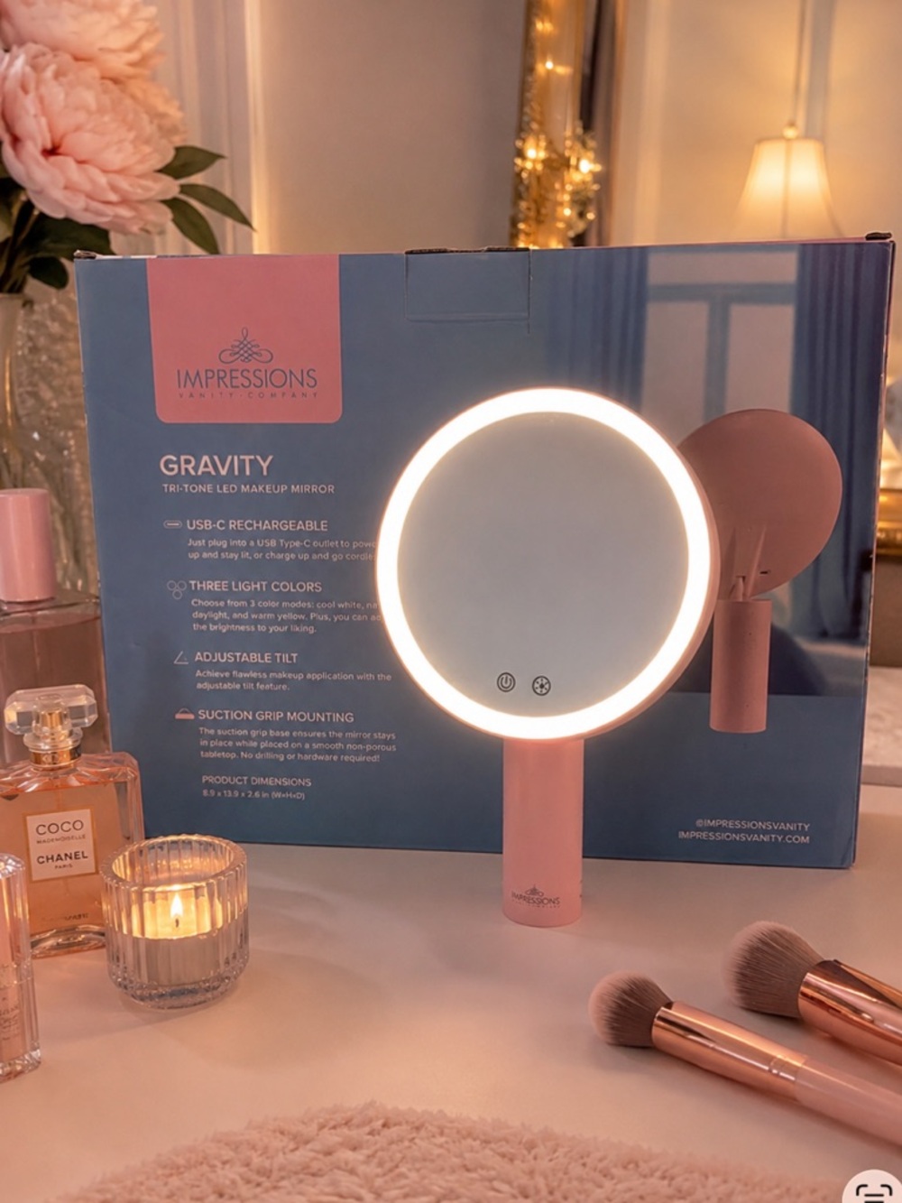 Impressions Vanity Gravity LED Makeup Mirror USB-C Rechargeable Pink